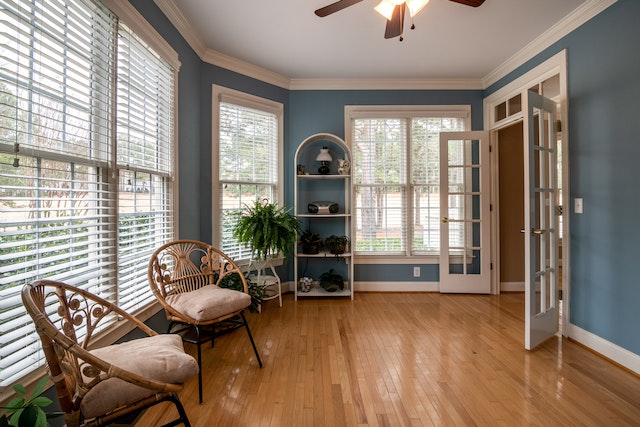 sunroom with blue walls and french doors